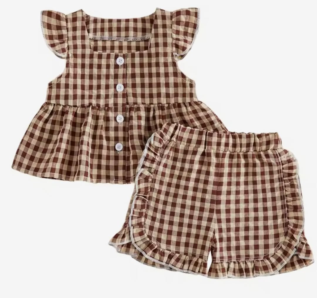 Cute Ruffle Gingham Brown Short Set