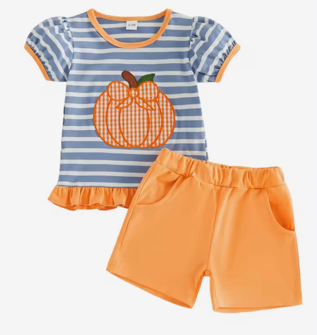 Adorable Stripe Pumpkin Appliqué Ruffle Short Set